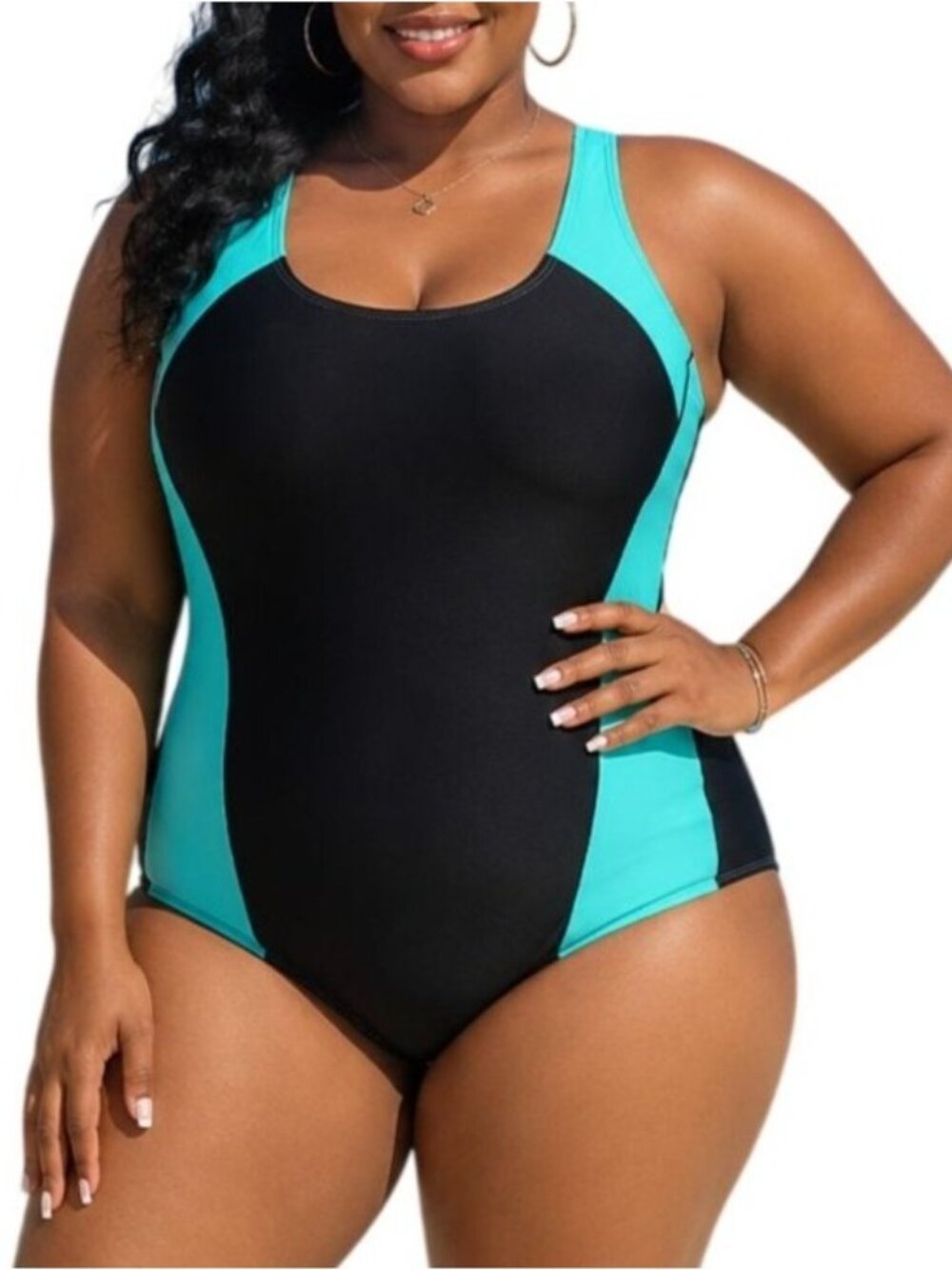 Aqua Eve Plus Size 26W Swimsuit One-Piece Racerback Black Aqua Colorblock